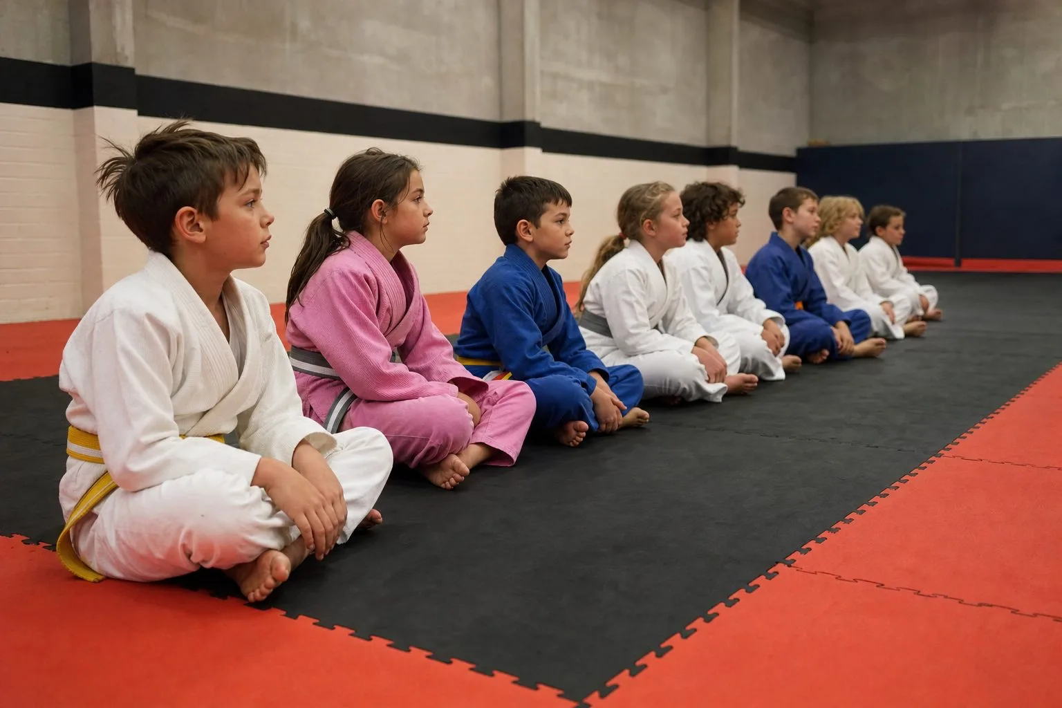 A row of children in jiu jitsu uniforms sitting along the mat, listening